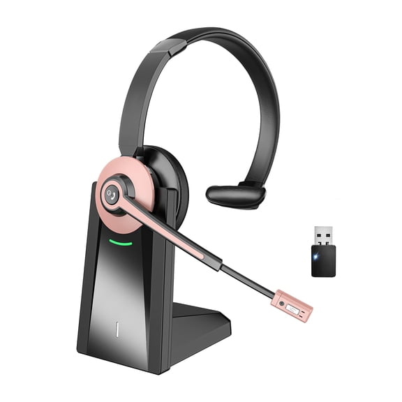 Wireless Headset with Mic for Work, Wireless Headset with Microphone (Noise Cancelling & Mute Button, USB Dongle & Charging Base), Bluetooth Headphones for Home/Office/Computer/Laptop/Phone/Teams/Zoo
