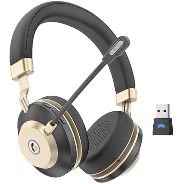 Wireless Headset - V5.3 Bluetooth Headset with Microphone Noise Canceling & USB Dongle, On Ear Computer Headphones with Mic Mute for Teams Skype Zoom Phone Laptop Meetings Work