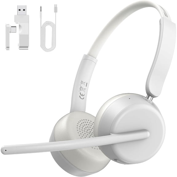 Wireless Headset for Work, Bluetooth 5.4 Headphones with AI Noise-Canceling Mic, for Phone, Computer, White