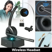 Wireless Headset with Microphone for PC, Wireless Headset with USB Dongle, Single Ear Headset with Flip-to-Mute, Charging Base for Office Skype