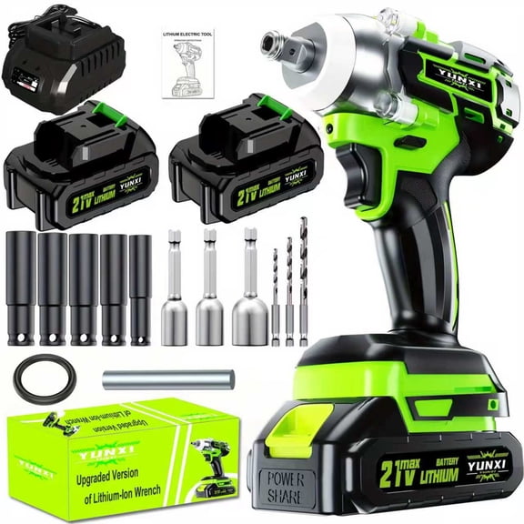 YUNXI 21V Brushless Cordless Impact Wrench, 2 Pack Batteries 4 Sockets High Torque Electric Impact Gun with Drill Bits, Power Wrench Tool Kit for Car Tires, Home Repair & DIY Projects