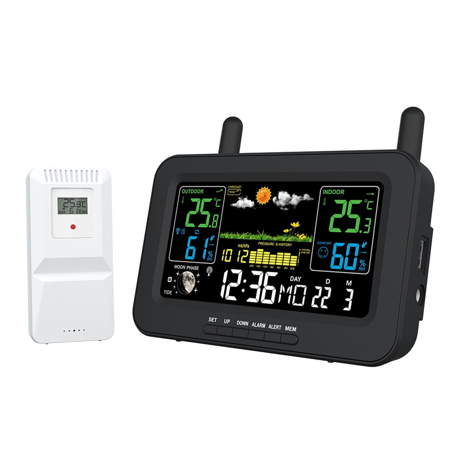 Wireless Indoor Outdoor Weather Station with USB Charging, Color Screen, Temperature Humidit - BLACK