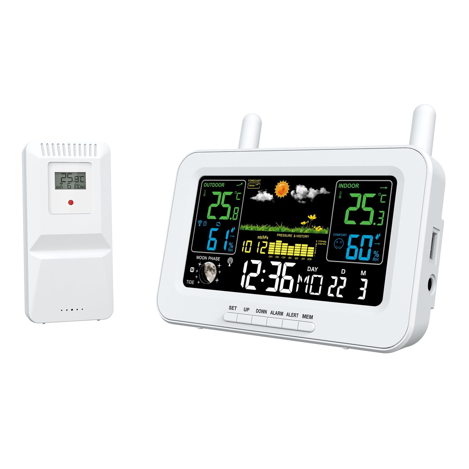 Wireless Indoor Outdoor Weather Station with USB Charging, Color Screen, Temperature Humidit - WHITE