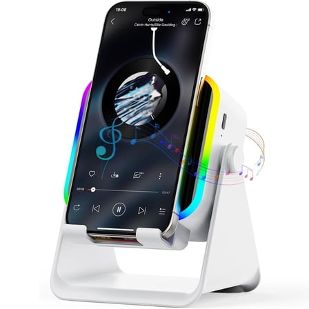 Wireless Induction Audio Bluetooth Speaker,5 in 1 Phone Holder with RGB Ambient Light,360° Adjustable Holder for iPhone/Android, Gifts for Men Women (White)