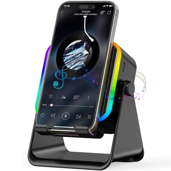 Wireless Induction 5-in-1 Bluetooth Speaker with Phone Stand, Stereo Sound, 3500mAh Rechargeable, 8 RGB Ambient Light, 360° Adjustable Holder for iPhone/Android/ ,Gifts for Men Women (Black)