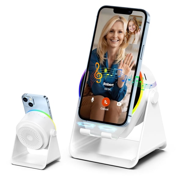 Wireless Induction Audio Bluetooth Speaker, 4 in 1 Phone Stand Speakers Amplifier with Colorful Ambient Light,360 Adjustable Holder for Tablet iPhone Android, Gifts for Men Women Teens-White