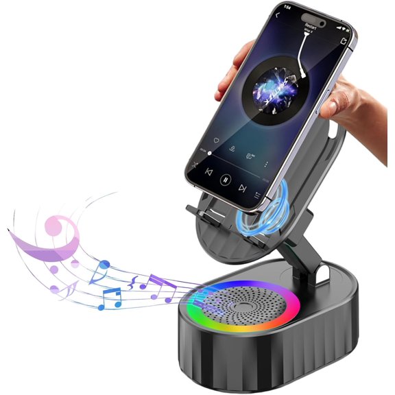 Wireless Induction Audio Bluetooth Speaker 5in1 Phone Holder Emergency Rechargeable (3000mAh) with Colorful Ambient Light 300 Foldable for Tablet iPhone Android, Gifts for Men Women (Black)