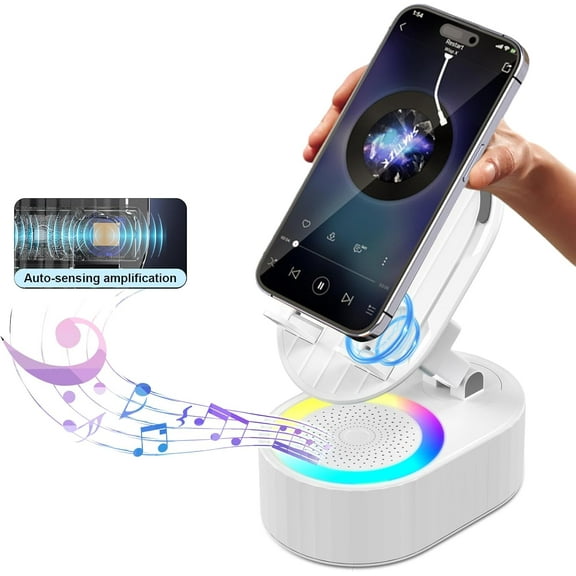 Wireless Induction Audio Bluetooth Speaker 5in1 Phone Holder Emergency Rechargeable (3000mAh) with Colorful Ambient Light 300° Foldable for Tablet iPhone Android, Gifts for Men Women (Black)