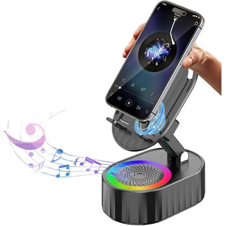 Wireless Induction Audio Bluetooth Speaker 5in1 Phone Holder Emergency Rechargeable (3000mAh) with Colorful Ambient Light 300° Foldable for Tablet iPhone Android (Black)