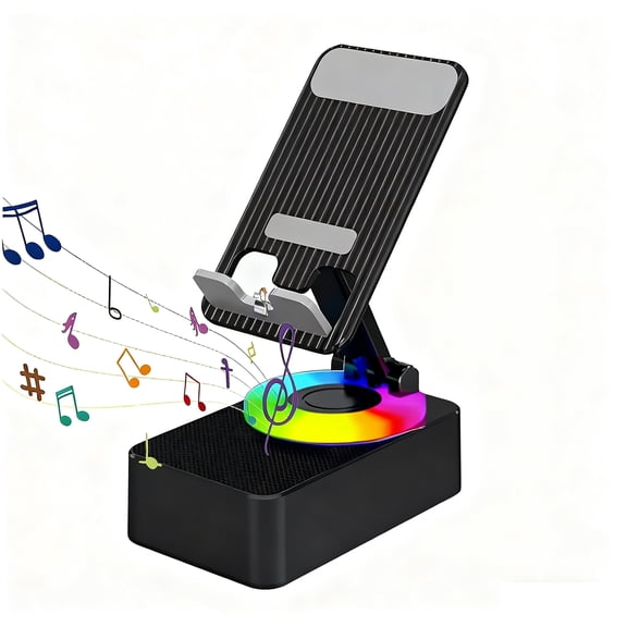 Wireless Induction Audio Bluetooth Speaker, Bluetooth Audio Power Bracket, 5 in1 Phone Holder Emergency Rechargeable (1500mAh) with Colorful Ambient Light for Tablet iPhone Android (Black)