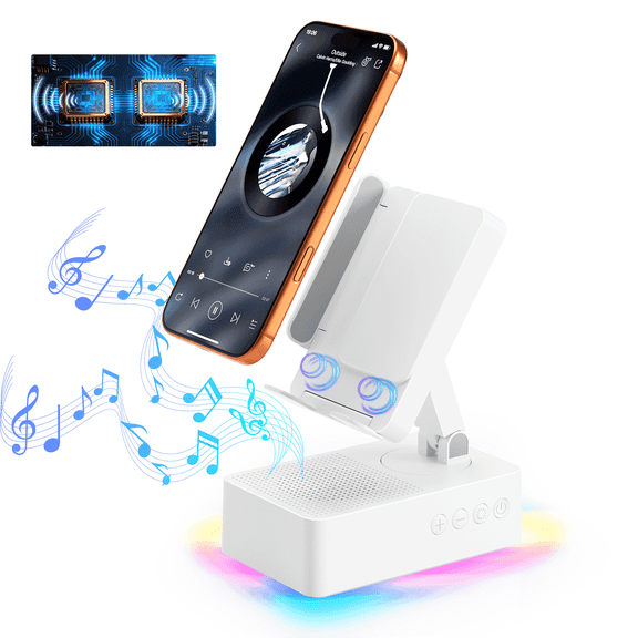 Wireless Induction Audio Bluetooth Speaker, Cell Phone Stand with Wireless Bluetooth Speaker, Unique Gifts for Men/Women, Adjustable Phone Holder with Colorful Ambient Light for iPhone/iPad