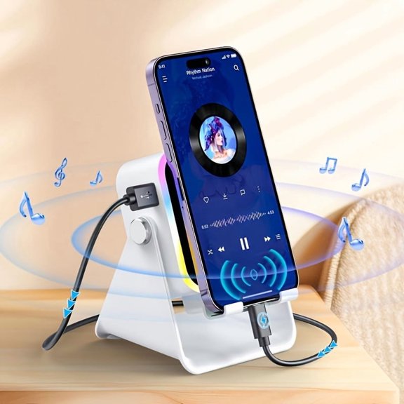 Wireless Induction Audio Speaker Stand, 5-in-1 Cellphone Holder, Rechargeable Emergency Power Bank, 360° Adjustable Mobile Tablet Stand with Colorful Ambient Light