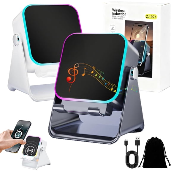 Wireless Induction Audio Speaker Stand, 5-in-1 Wireless Induction Bluetooth Speaker with Adjustable Phone Stand, Stereo Sound, 7 RGB Ambient Light, 360 Adjustable Holder for iPhone/Android (MIX)