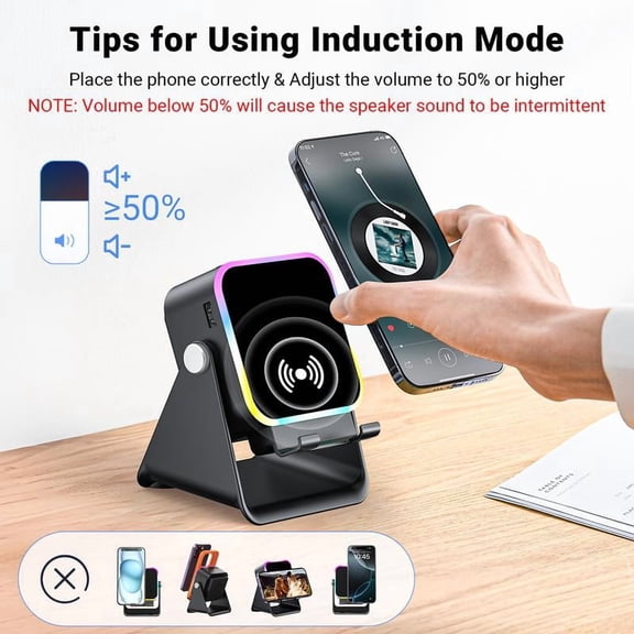 Wireless Induction Audio Speaker Stand, 5In1 Cellphone Holder, Rechargeable Emergency Power Bank, Induction Speaker, 360 Degree Adjustable Mobile Tablet Stand with Colorful Ambient Light