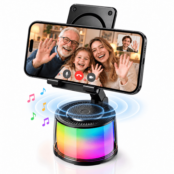 Phone Stand with Wireless Induction Speaker , Bluetooth Speaker 360° Adjustable Phone Holder with RGB Light HD Stereo Sound for iPhone iPad, Music, Videos, Calls, Gifts for Men Women Teens