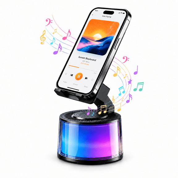 Phone Stand with Wireless Induction Speaker, Bluetooth Speaker 360 Adjustable Phone Holder with HD Stereo Sound & RGB Light for iPhone iPad, Music, Videos, Calls, Gifts for Men Women Teens
