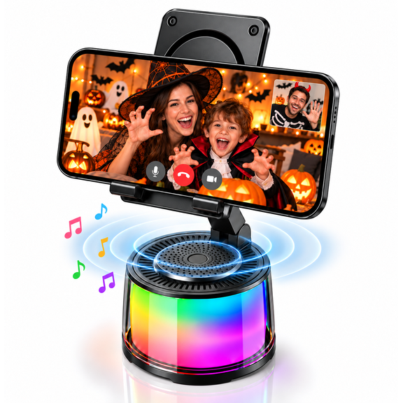 Phone Stand with Wireless Induction Speaker , Bluetooth Speaker 360° Adjustable Phone Holder with RGB Light HD Stereo Sound for iPhone iPad, Music, Videos, Calls, Gifts for Men Women Teens