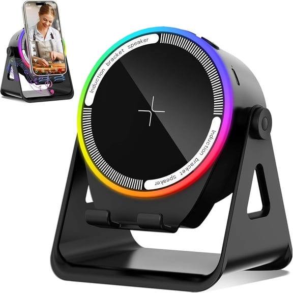 Wireless Induction Speaker, 4-in-1 Wireless Charging Station with RGB Mood Light & 360° Adjustable Stand, Multifunctional Bluetooth Phone Holder Compatible with iPhone/iPad/Android/Samsung（Black