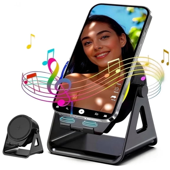 HBK Wireless Induction Speaker Phone Stand, Portable Audio Amplifier with RGB Lights, Cool Tech Gadget Gift for Men & Office Desk - Black