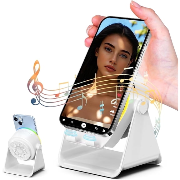 HBK Wireless Induction Speaker Phone Stand, Portable Audio Amplifier with RGB Lights, Cool Tech Gadget Gift for Men & Office Desk - White