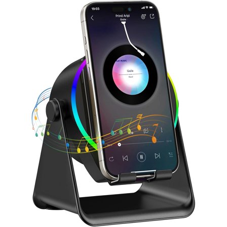Wireless Induction Speaker, 5 in 1 Bluetooth Speaker, 360 Rotation Cell Phone Stand with Ambient Light Compatible with iPhone iPad Android Tablet, Birthday Gifts for Women Men Him
