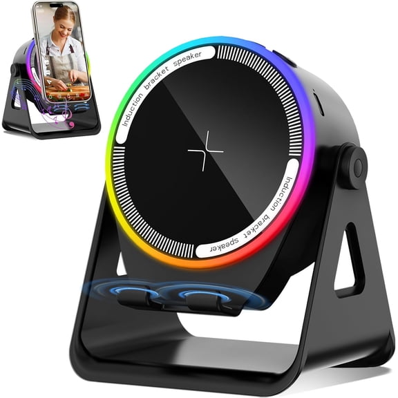 Wireless Induction Speaker, 5-in-1 Bluetooth 5.3 Phone Stand with 360 Rotation & RGB Ambient Light - Cool Tech Gadgets Gifts for Men Women Dad Mom Compatible iPhone/Android/iPad/Samsung (Black)