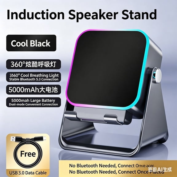 Wireless Induction Speaker 5-in-1 Bluetooth Speaker with Phone Stand,Stereo Sound, 3500mAh Rechargeable, 8 RGB Ambient Light, 360 Adjustable Holder ,Gifts for Men Women (Black)