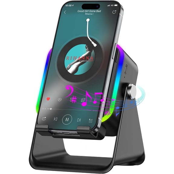 Wireless Induction Speaker 5-in-1 Bluetooth Speaker with Phone Stand,Stereo Sound, 5000mAh Rechargeable, 8 RGB Ambient Light, 360° Adjustable Holder for iPhone/Android/iPad,Gifts for Men Women