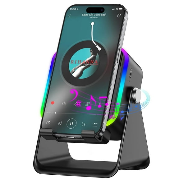 Wireless Induction Speaker 5-in-1 Bluetooth Speaker with Phone Stand,Stereo Sound, Rechargeable, 8 RGB Ambient Light, 360° Adjustable Holder for iPhone/Android/iPad,Gifts for Men Women (Black)