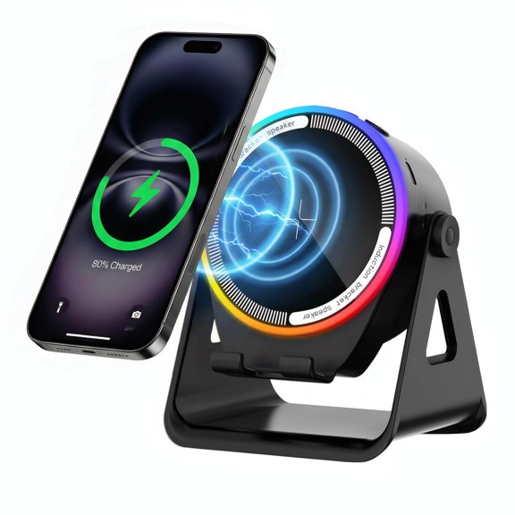 Wireless Induction Speaker with Adjustable Phone Stand, 15W Wireless Charging, Bluetooth 5.3, RGB Colorful Light, Hi-Fi Sound for Home and Office, Compatible with Smartphones and Tablets(Black)