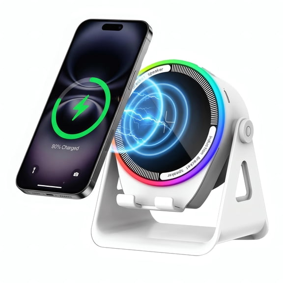 Wireless Induction Speaker with Adjustable Phone Stand, 15W Wireless Charging, Bluetooth 5.3, RGB Colorful Light, Hi-Fi Sound for Home and Office, Compatible with Smartphones and Tablets(White)