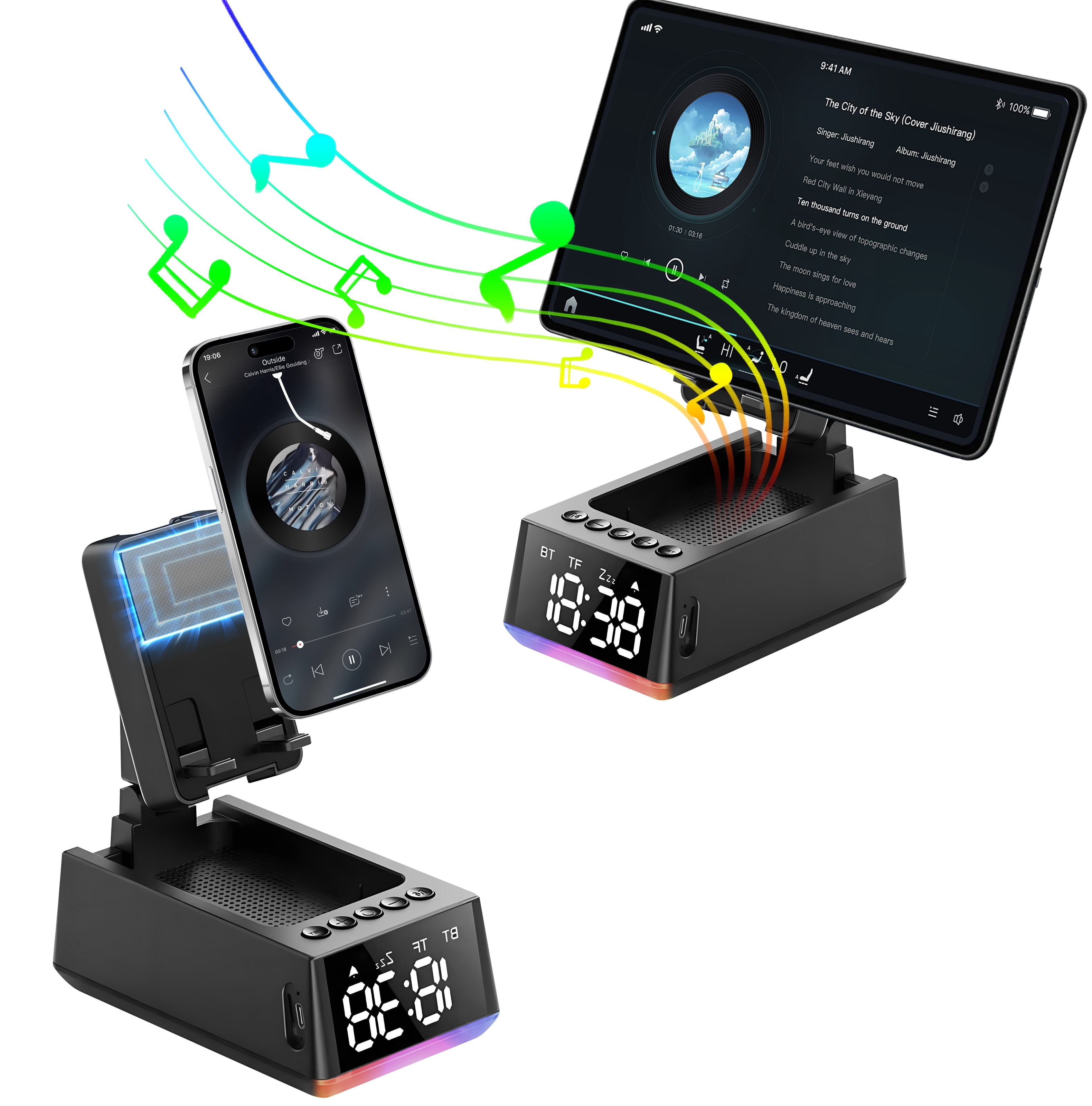 Wireless Induction Speaker Bluetooth Speaker Phone Stand with Auto-Sync Alarm Clock, HD Display & Adjustable Holder, Unique Gifts for Men Women, Dad Mom
