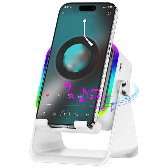 Wireless Induction Speaker, Phone Stand with Bt Speaker Amplifier, Stereo Sound, RGB Ambient Light, 360° Adjustable Phone Holder Compatible with iPhone/iPad/Android