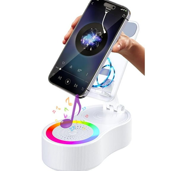 Wireless InductionAudio Bluetooth Speaker  5in1 Phone Holder Emergency Rechargeable (3000mAh) with Colorful Ambient Light 300° Foldable for Tablet iPhone Android phone holder speaker Stereo Charging