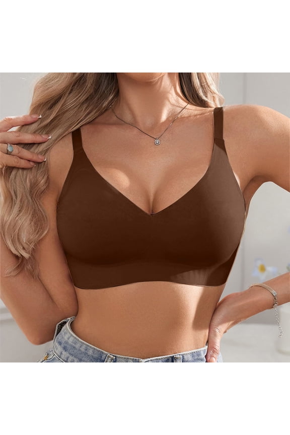 Wireless Jelly Bras for Women Seamless Deep V Neck Comfortable No Underwire Push Up Plunge Bras Everyday Bralettes (Brown,S)
