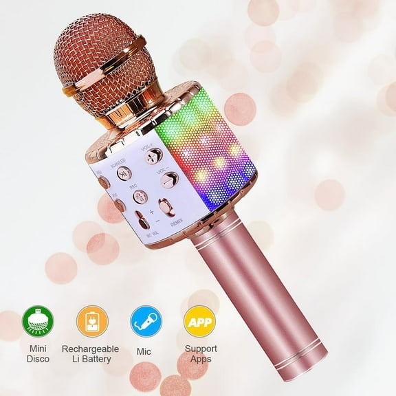 Qishi Wireless Karaoke Microphone for Kids, 4-in-1 Portable Handheld Karaoke Machine with Voice Disguiser, Perfect for Christmas, Home, and Birthday Parties (Gold)