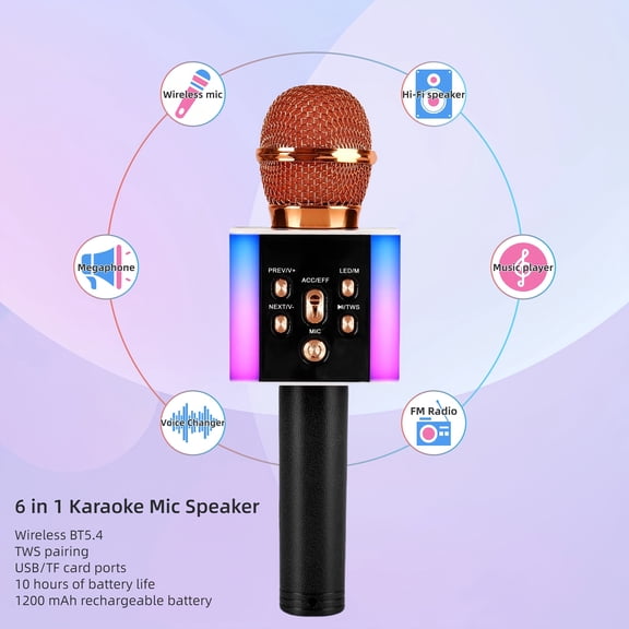 Wireless Karaoke Microphone Speaker with LED Lights & Voice Changer, Portable Singing Mic for Parties, Travel, Car & Camping, Fun Summer Accessory, Birthday Gift