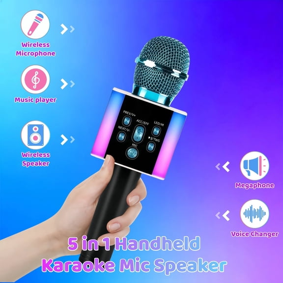 Wireless Karaoke Microphone Speaker with Loud Stereo Sound, LED Lights & Voice Changer for Outdoor Party, Road Trips & Camping, Blue