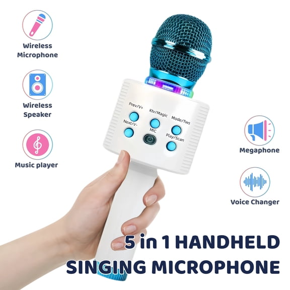 Wireless Karaoke Microphone for Kids & Adults, Hi-Fi Speaker with LED Party Lights, Voice Effects & TWS Pairing, Fun Family Singing Gift - Blue