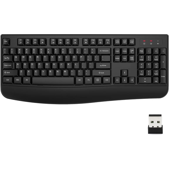 Wireless Keyboard, 2.4G Ergonomic Full Size Wireless Computer Keyboard with Wrist Rest for Windows, Mac OS Desktop/Laptop/PCBlack