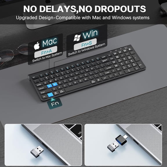 Wireless Keyboard, 2.4G Ergonomic and Slim Wireless Keyboard with USB & Type C, Full Size and Portable Design for Computer/Laptop/Windows/Mac-Black