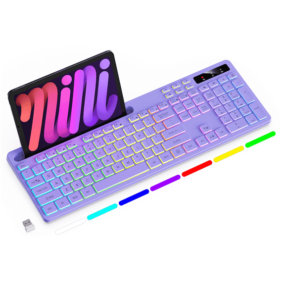 Wireless Keyboard with 7-Color RGB Backlit, Marvo Full-Size Computer Keyboard with Phone Tablet Holder, Rechargeable 2.4G Wireless Gaming Keyboard with Light up Keys, Compatible with Mac,Window