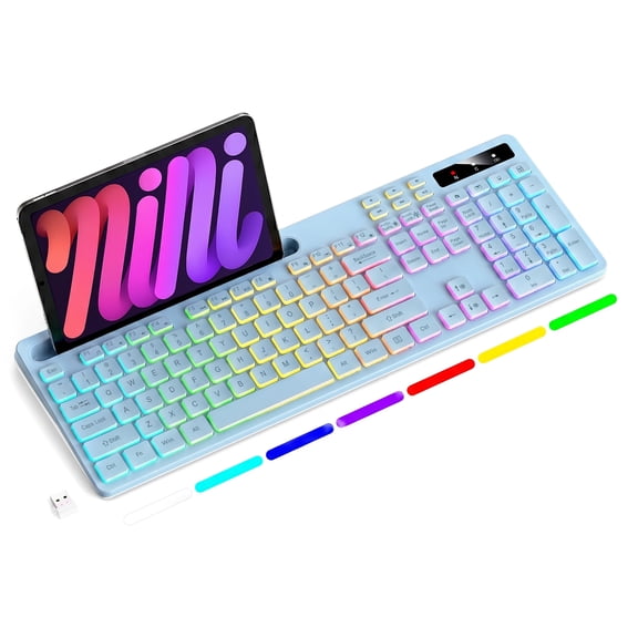 Wireless Keyboard with 7-Color RGB Backlit, Marvo Full-Size Computer Keyboard with Phone Tablet Holder, Rechargeable 2.4G Wireless Gaming Keyboard with Light up Keys, Compatible with Mac,Window, Blue