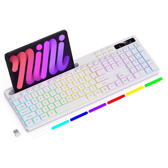 Wireless Keyboard with 7-Color RGB Backlit, Marvo Full-Size Computer Keyboard with Phone Tablet Holder, Rechargeable 2.4G Wireless Gaming Keyboard with Light up Keys, Compatible with Mac,Window,White