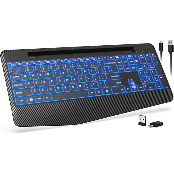 Wireless Keyboard with 7 Colored Backlits, Wrist Rest, Phone Holder, Rechargeable Ergonomic Computer Keyboard with Silent Keys, Full Size Lighted Keyboard for Windows, MacBook, PC, Laptop (Black)