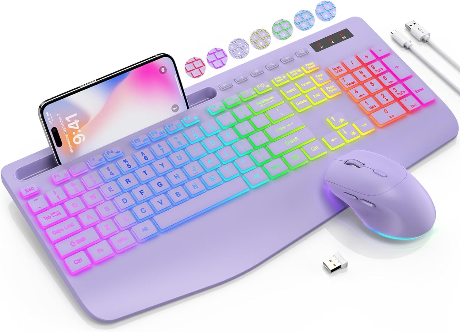 Wireless Keyboard And Mouse Combo, 9 Backlit Effects, Wrist Rest, Phone