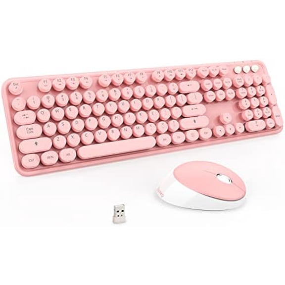 Wireless Keyboard, Cute Colorful 104 Keys Typewriter Retro Round Keycaps Keyboard for PC Laptop,Desktop,Windows, Home and Office Keyboards (Pink)