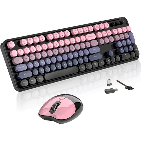 Wireless Keyboard and Mouse, 104 Round Keycaps Retro Typewriter with OTG & Brush, Full-Size Ergonomic, Ideal for Windows PC, Home, Office College Peach Pink
