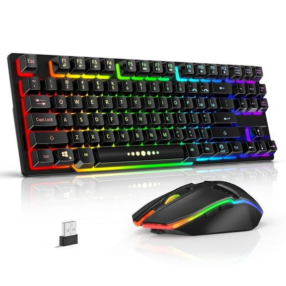 Wireless Keyboard and Mouse, 87 Keys Mechanical Feel Keyboard Mice Combo, Anti-Ghosting Ergonomic Rechargeable W/ 2.4G Wireless Receiver, RGB LED Backlight for Windows Computer PC Gamer