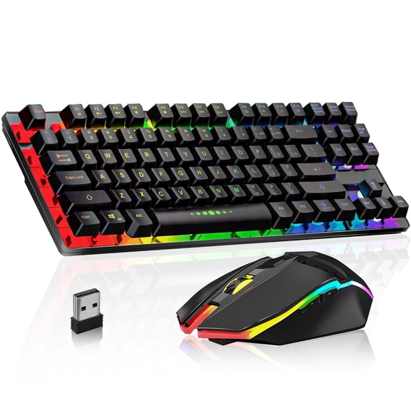 SANPTENT Wireless Gaming Keyboard and Mouse Combo, 87 Keys RGB LED Backlit Rechargeable, W/2.4G Wireless Receiver, for Windows Computer PC Gamer